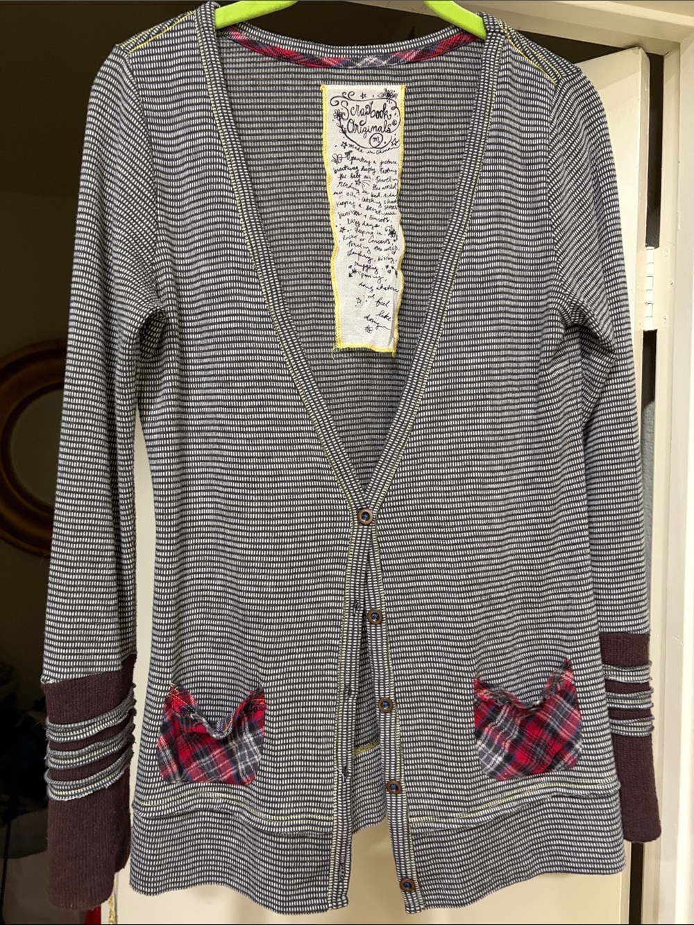Scrapbook Striped Cardigan with Red Plaid Pocket Accents